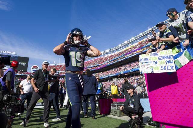 Seattle Seahawks wide receiver Jake Bobo (19) walks into the tunnel during warm-ups prior to the start of Super Bowl LX at Levi's Stadium on Feb. 8, 2026 in Santa Clara, Calif.